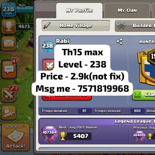 CLASH OF CLANS (COC)  FOR BEST TH 15 ACCOUNT ND CLAN PURCHASE MSG ONLY 7571819968(ADMIN)